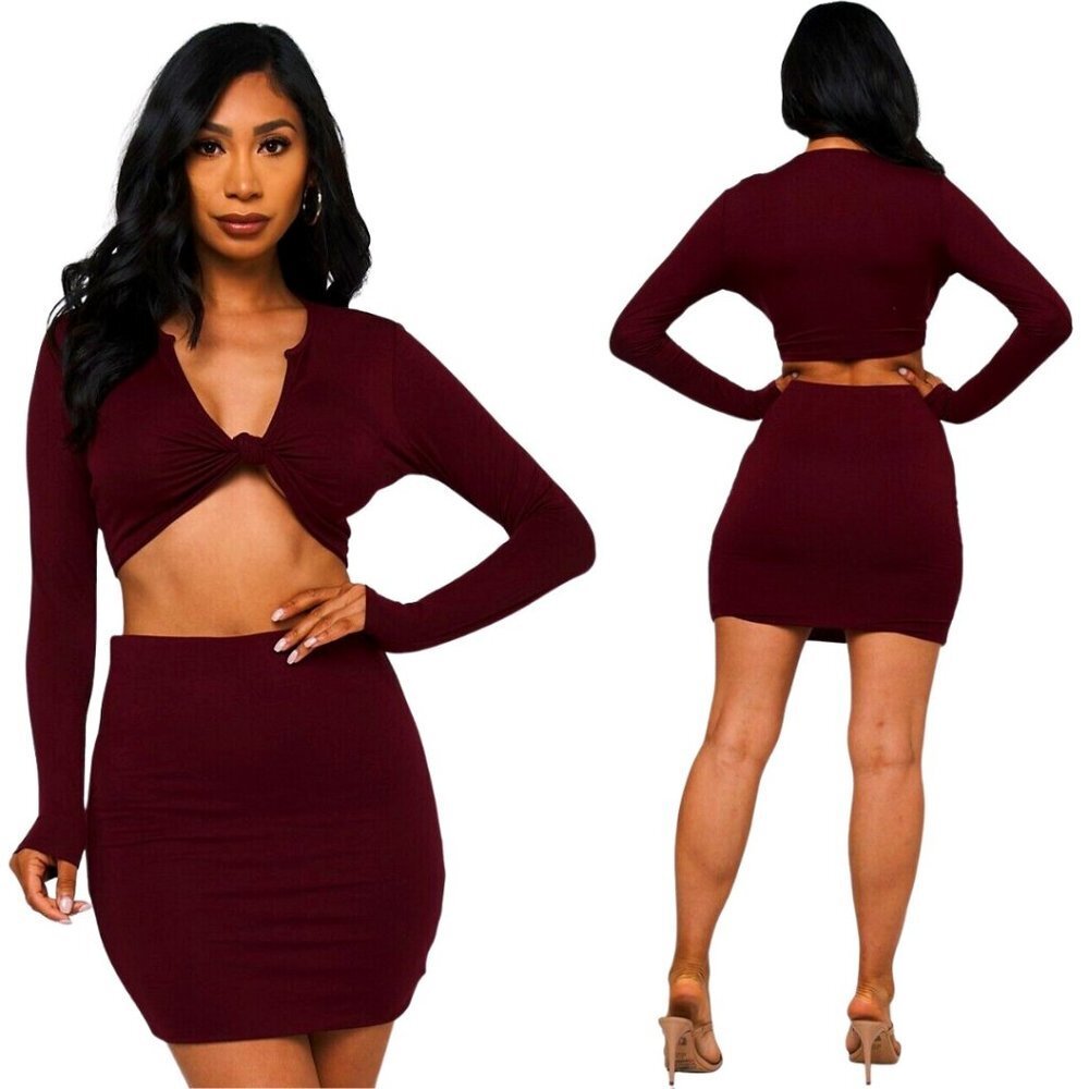 Long Sleeved Burgundy Crop Top & Mini Skirt 2 Piece Outfit Skirt Set